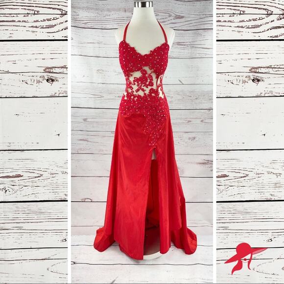 Dresses | Formal Corset Style Sheer Bodice Lace Overlay Front Slit ...